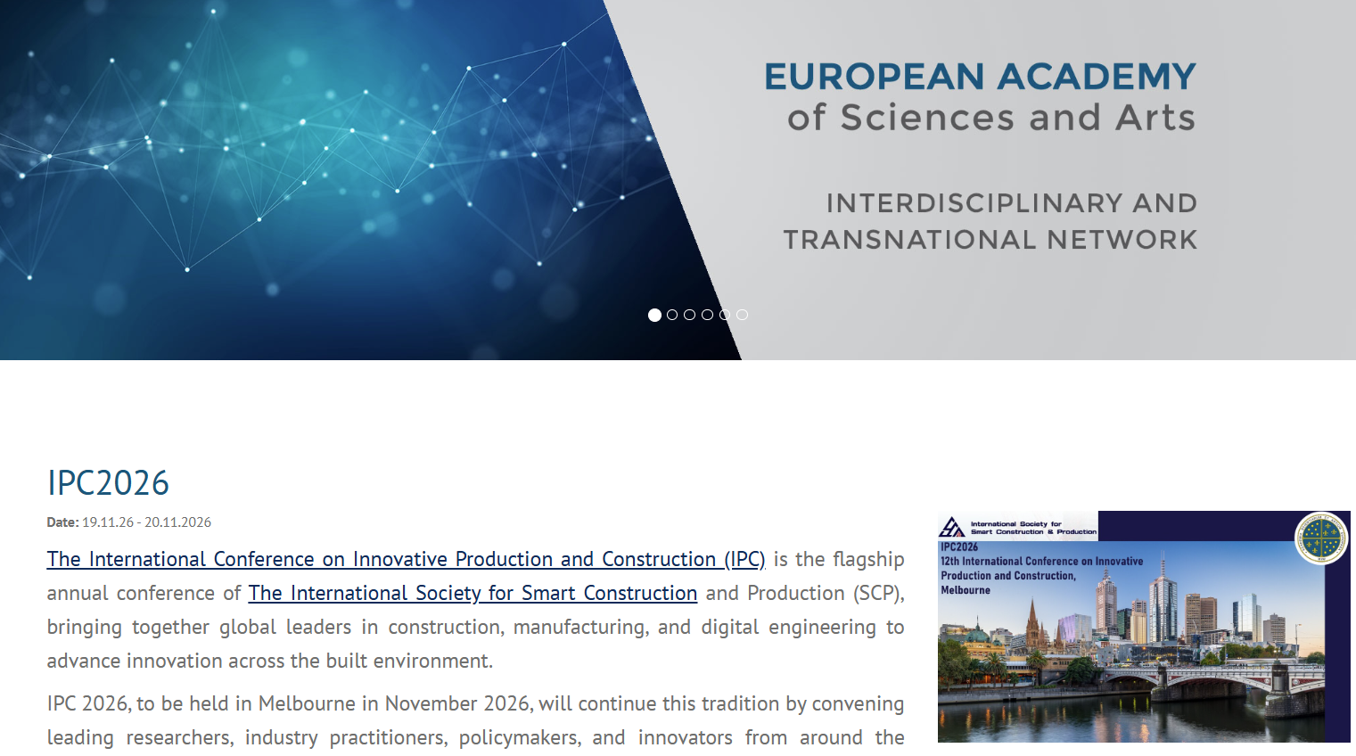 European Academy of Sciences and Arts Officially Features IPC 2026 on Its Institutional Event Portal